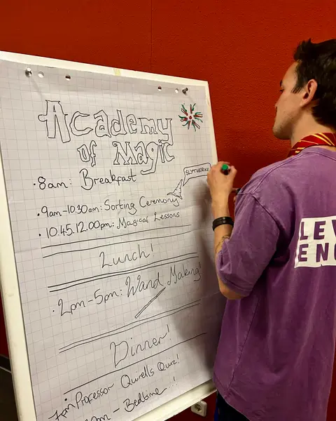 Der Tagesplan der Academy of Magic am Flipchart – von Breakfast bis Wand Making